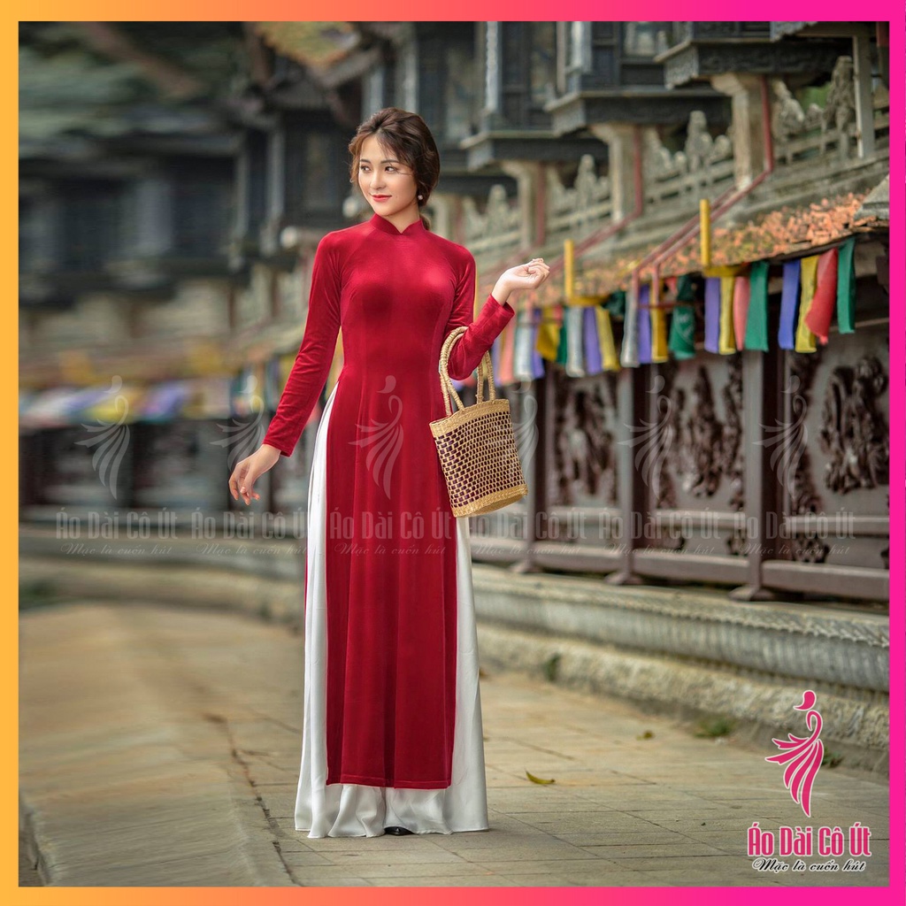 Áo dài nhung màu đỏ đô trơn truyền thống tay dài