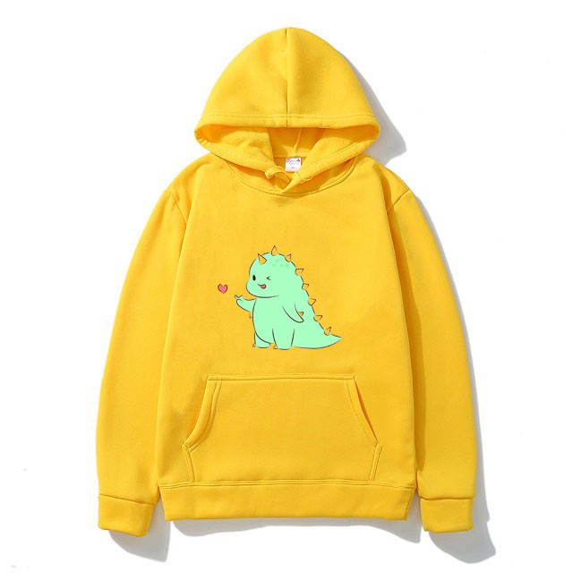 Áo Hoodies Ulzzang Nam Nữ Thu Đông Ấm Áp Chất Nỉ Mềm Mịn Không Nhăn, Không Xù In 3D Cartoon Khủng Long Bắn Tim Xinh Cute