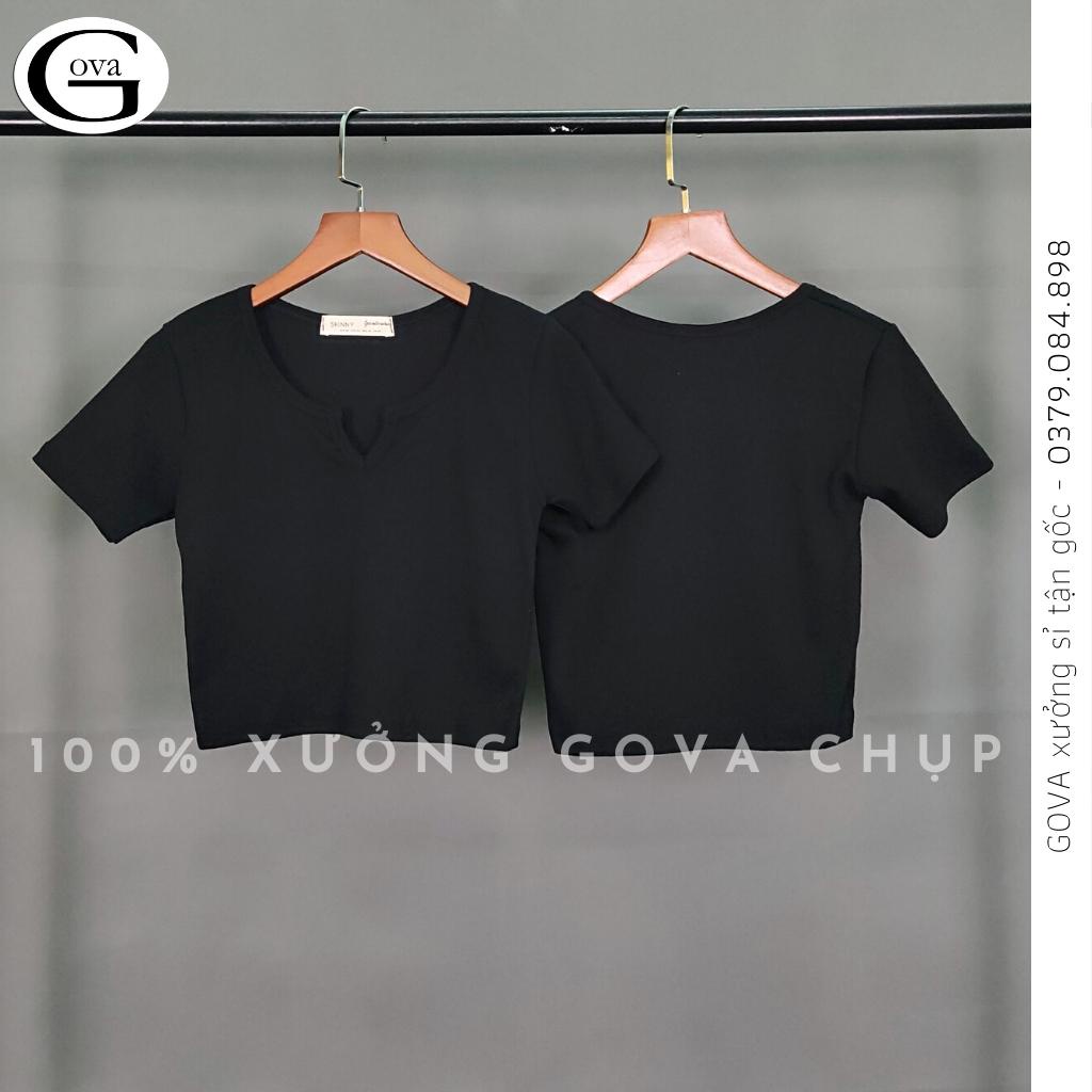 Áo Croptop CỔ KHOÉT CHỮ V TAY NGẮN Thun Cotton Kiểu Sexy Nữ, Áo Thun Ôm Body Đẹp GOVA