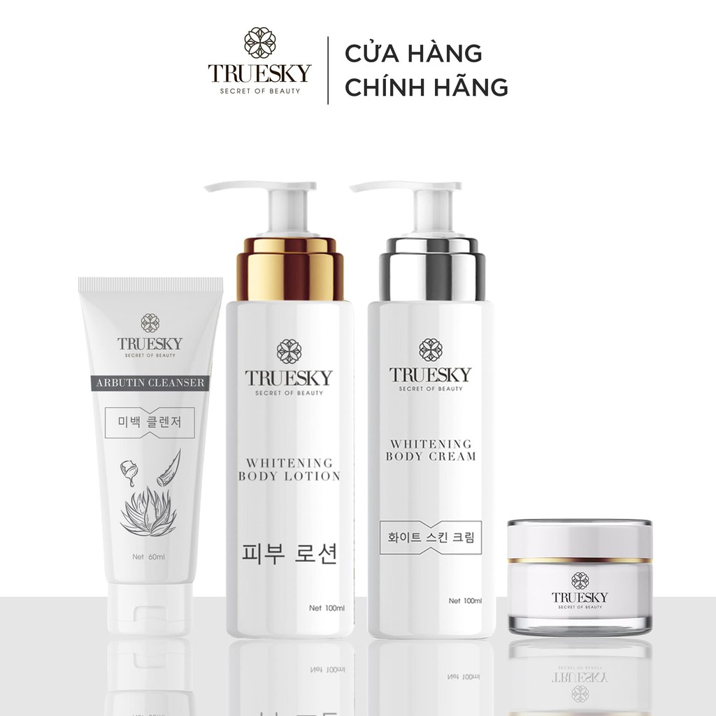 Bộ Truesky VIP03 gồm 1 sữa rửa mặt 50g + 1 kem dưỡng trắng da mặt 20g + 1 kem ủ trắng 100g + 1 kem dưỡng trắng 100g