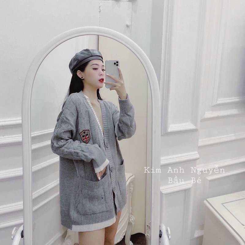 Áo khoác len Cadigan len xám khuy đồng màu, huy hiệu hàng Quảng Châu