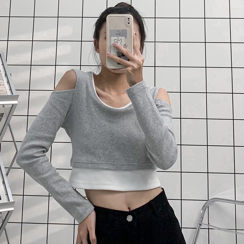 Áo Croptop Nữ Dài Tay Phối Layer DAILY Vải Thun Gân Form Ôm - Tuni Store