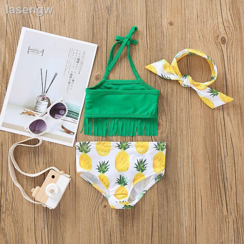 ◑Bộ Đồ Bơi Bikini 2 Mảnh In Hình Quả Dứa+Băng Đô Tua Rua Cho Bé Gái 0-24 Tháng Tuổi