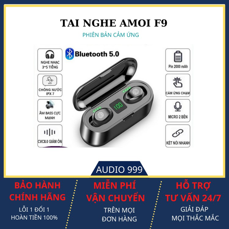 Tai nghe Bluetooth TWS F9 bản Quốc tế True Wireless không dây nút cảm ứng kháng nước thể thao stereo[BH 6 tháng]