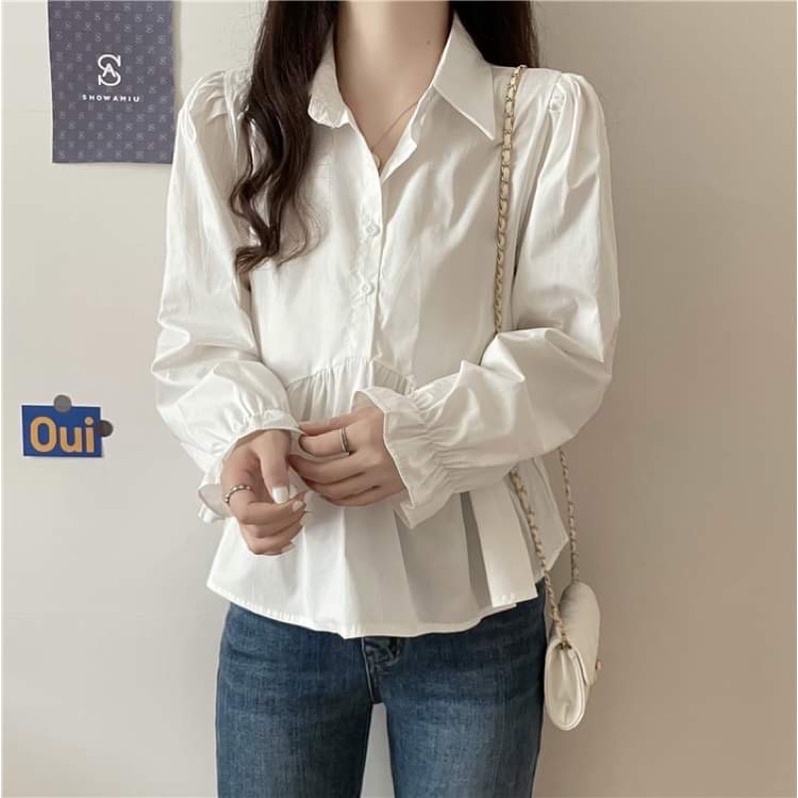 Áo sơ mi dáng babydoll dài tay cổ polo màu đen, trắng