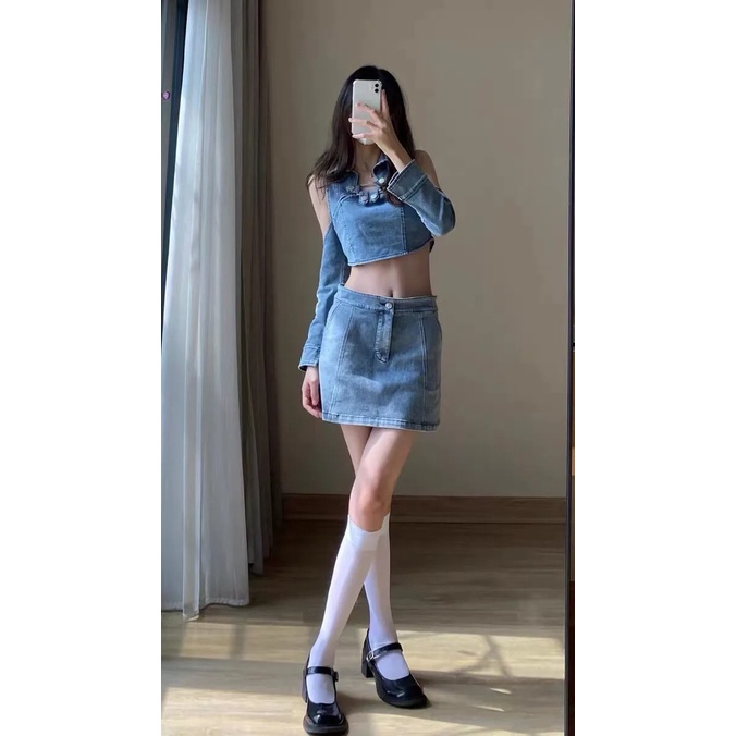 Set Áo denim Trễ Vai Và Chân Váy Jeans Thời Trang Dành Cho Nữ (Có Bán Lẻ)