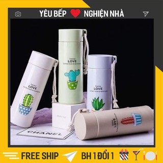 Bình giữ nhiệt thủy tinh bọc nhựa lúa mạch 450ml họa tiết xương rồng, chống va đập, có dây xách tiện dụng