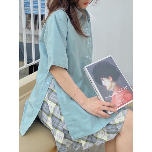 (Có sẵn) Áo Sơmi Nữ Tay Ngắn Hàn Quốc Xẻ Tà 2 Bên Đi Học BackToSchool Minipie