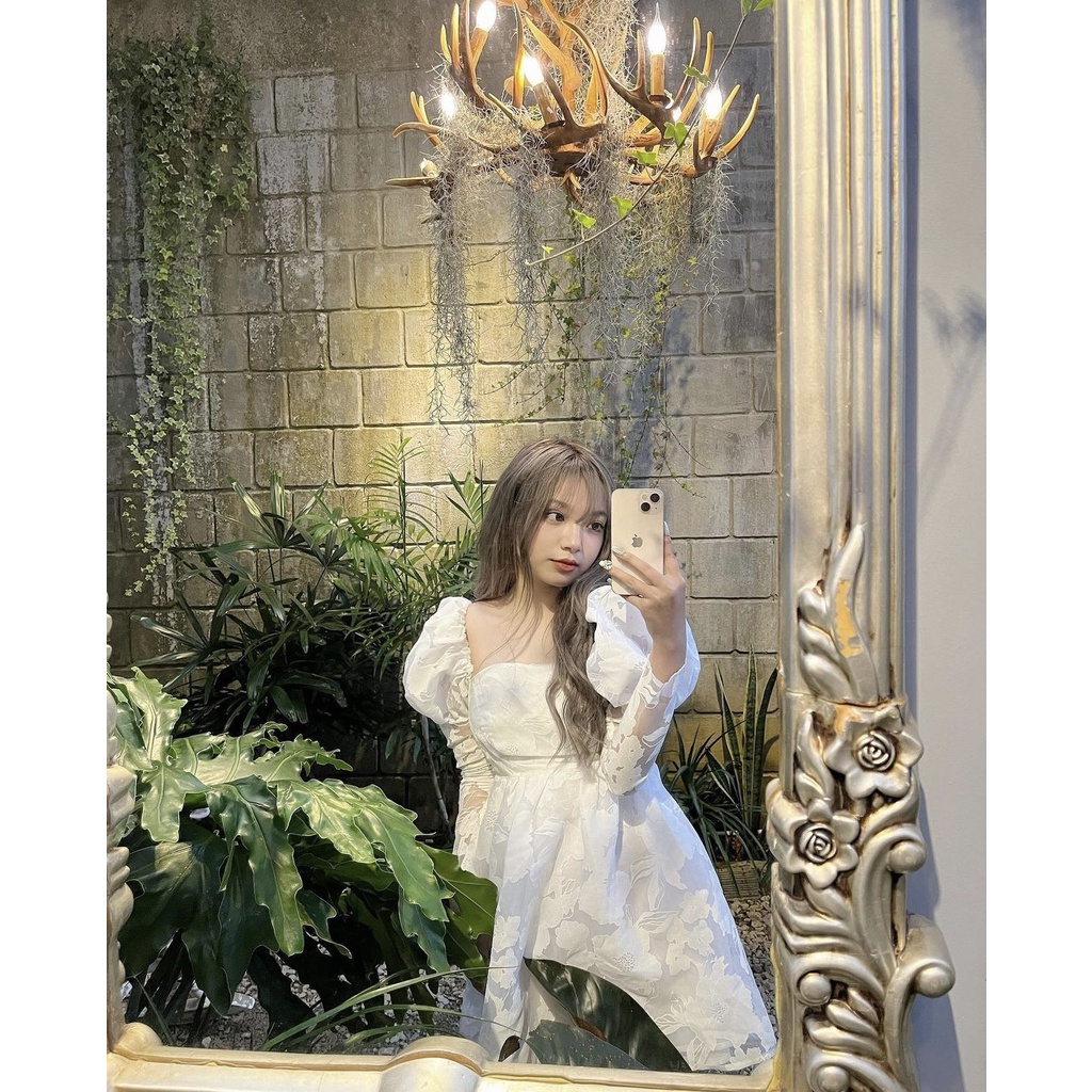 Váy Trắng Tiểu Thư Pretty In Rosé Dress Cúp Ngực Tay Phồng Họa Tiết Sáng Da Form Chuẩn Tôn Dáng