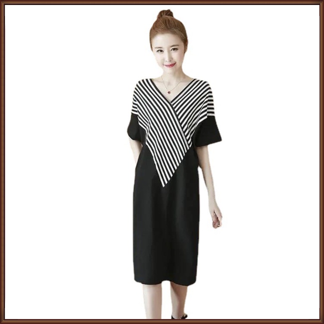 Đầm Midi Tay Ngắn Cổ Chữ V Họa Tiết Kẻ Sọc Thời Trang Cho Nữ