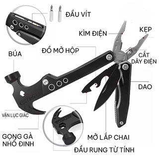 Búa đa năng gấp gọn bằng Thép không gỉ - Bộ dụng cụ đi phượt, cứu hộ khi gặp sự cố - Búa kiêm kìm, tua vít đa năng 14in1