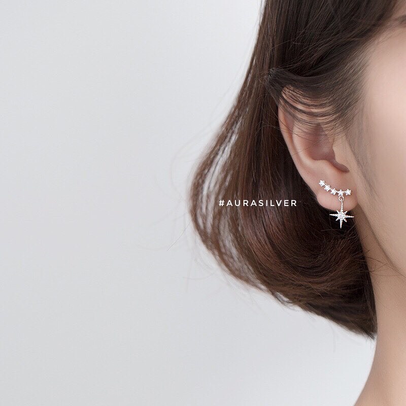 Bông tai bạc 925 khuyên tai bạc nữ dáng ngắn viền đá lấp lánh-KT44