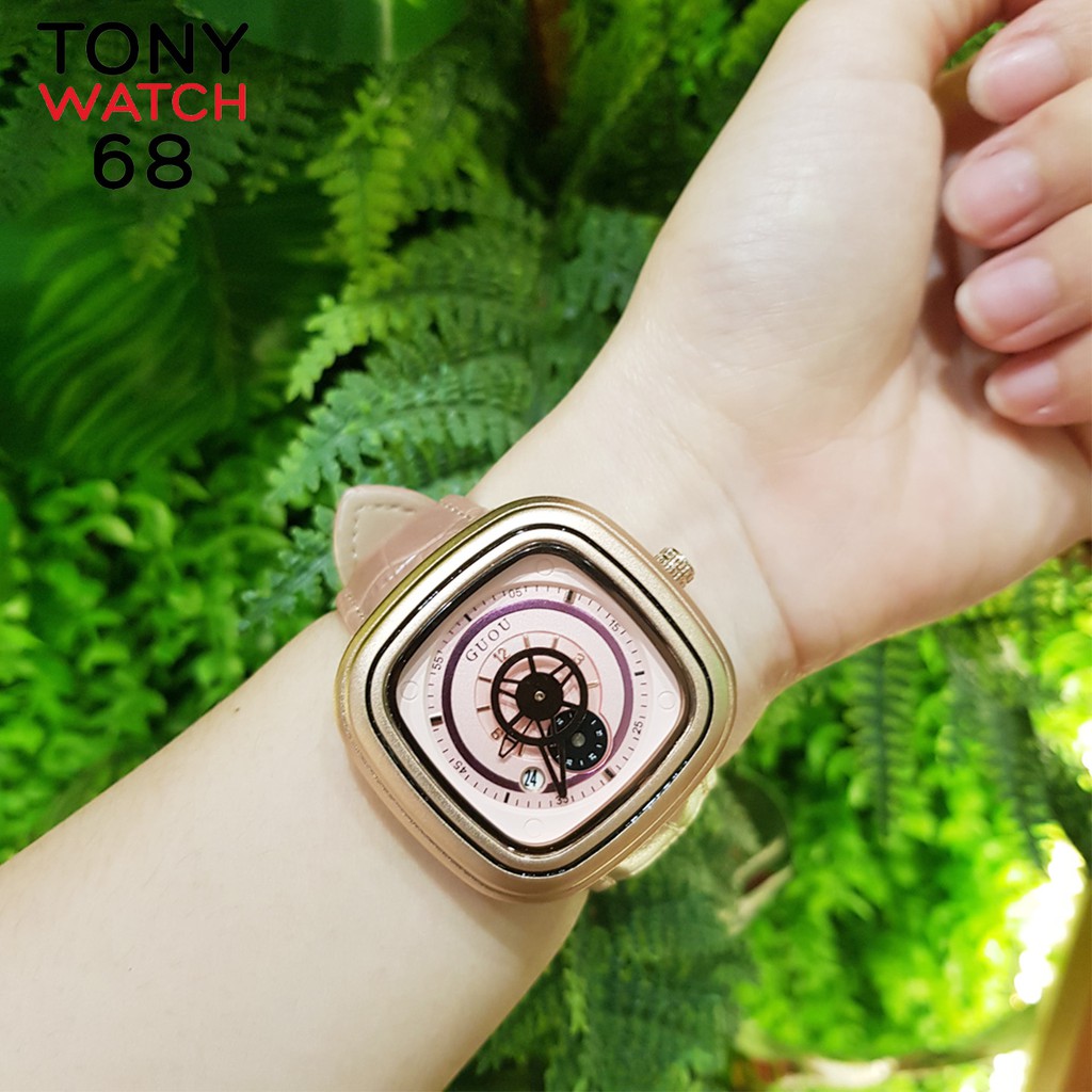 Đồng hồ nữ Guou vuông độc đáo dây da hồng sang trọng chống nước chính hãng Tony Watch 68 | WebRaoVat - webraovat.net.vn