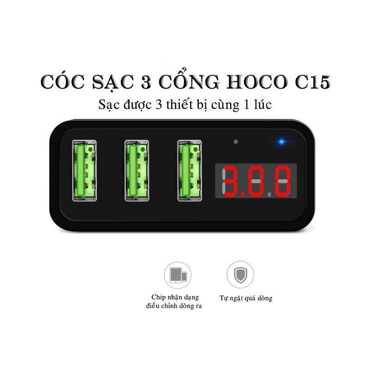 Củ sạc nhanh c15 Hoco , 3 cổng sạc có màn led hiển thị dòng sạc, cho iphone , samsung.