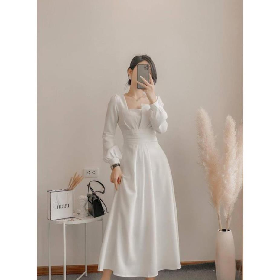 TTL-Ảnh thật Đầm váy xếp ly tay dài có mút ngực đỏ, trắng thanh lịch xòe dự tiệc đám cưới váy cô dâu TASA