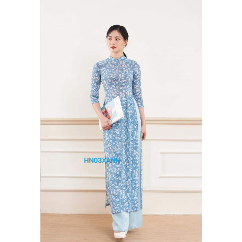 HN03 Áo dài hoa nhí 4 tà họa tiết cúc trắng chùm hoa