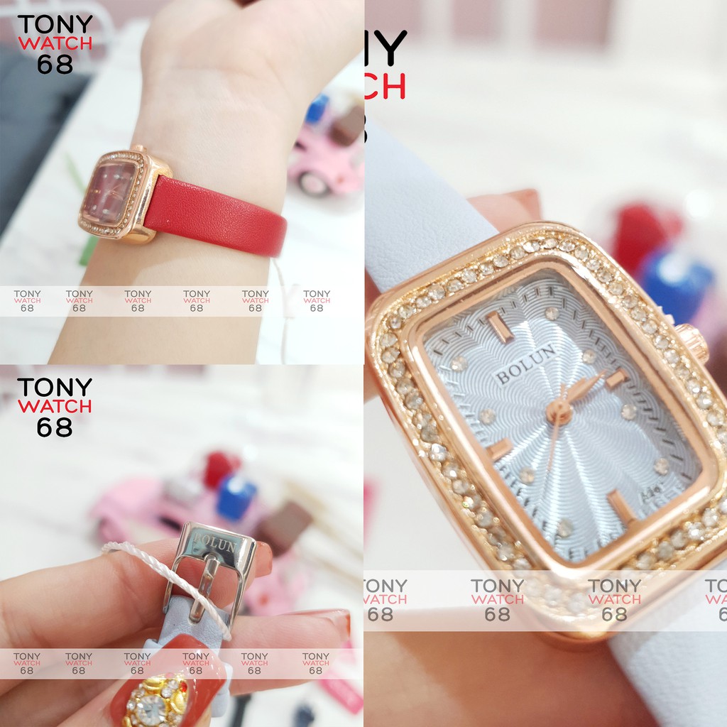 Đồng hồ nữ Bolun chữ nhật đính đá dây da nhiều màu độc đáo chống nước chính hãng Tony Watch 68