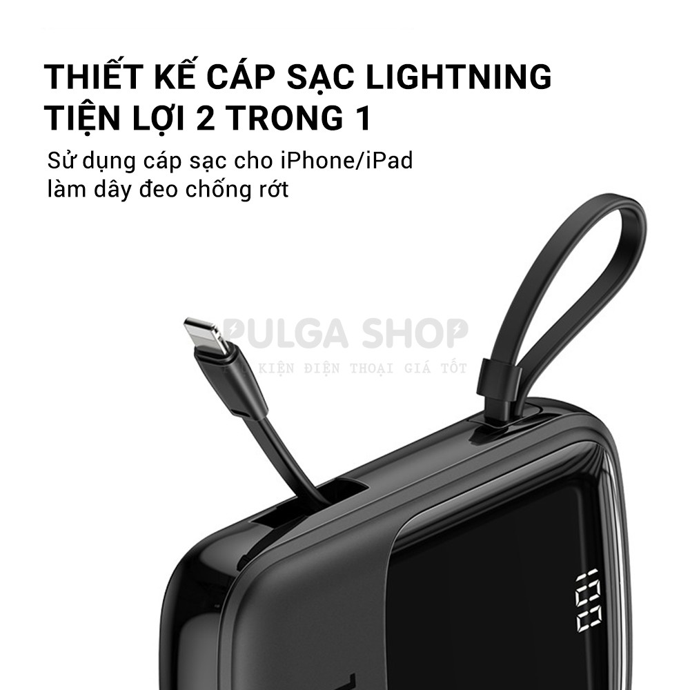 Pin Sạc Dự Phòng 10000mAh Baseus Tích Hợp Cáp Sạc iPhone Hỗ Trợ Sạc Nhanh 3A - Thiết Kế Nhỏ Gọn - Chính Hãng