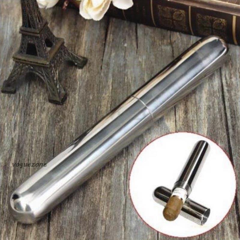 #VOGUEZ#Metal Stainless Steel Cigar Tube Storage Case Cigarettes Tobacco Holder 17cm X 1