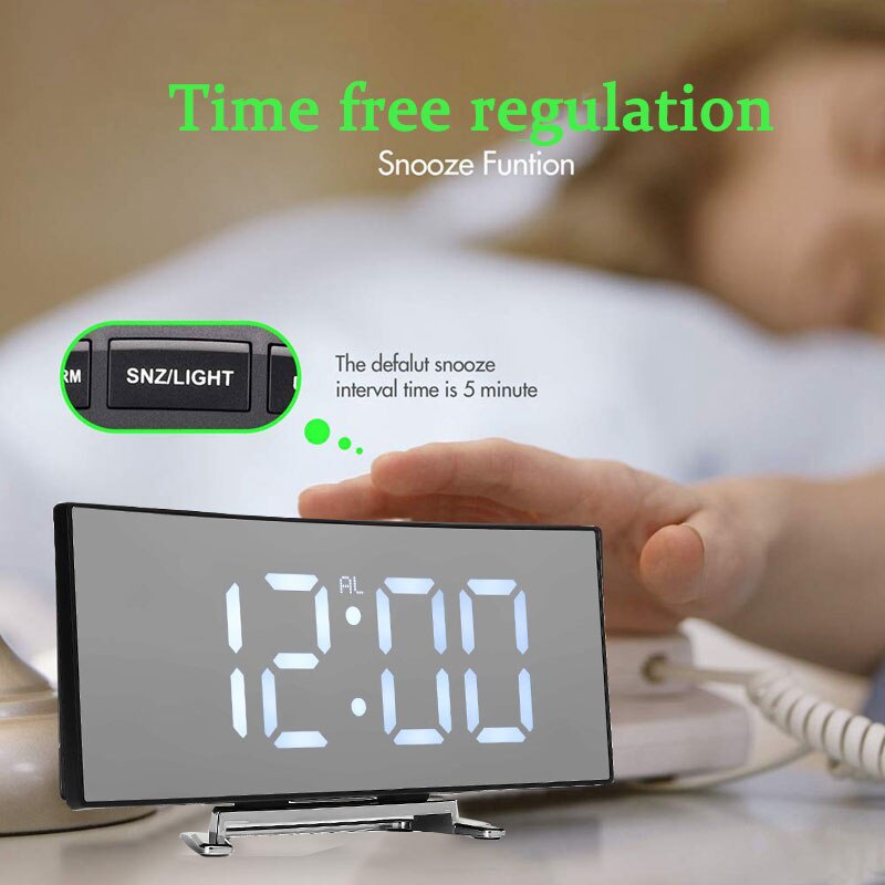 [ Led Digital Alarm Clock ][ Luminous Electronic Alarm Clock ][ Battery Operated Alarm Clock ][ Curved Screen Mirror Snooze Function Clock ]