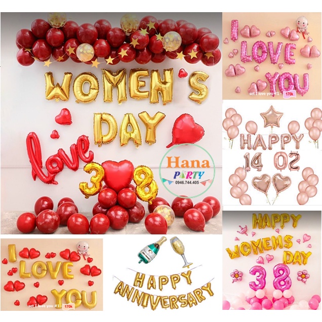 SET BÓNG trang trí valentine 14/2 , 8/3, 20/10, ngày kỉ niệm, ngày phụ nữ happy women's day, Happy Anniversary