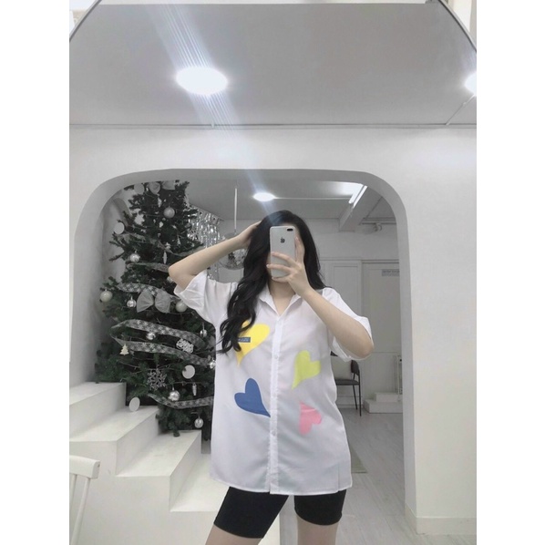 Sét áo sơmi form rộng quần thun ngố in trái tim có túi free size dưới 60kg