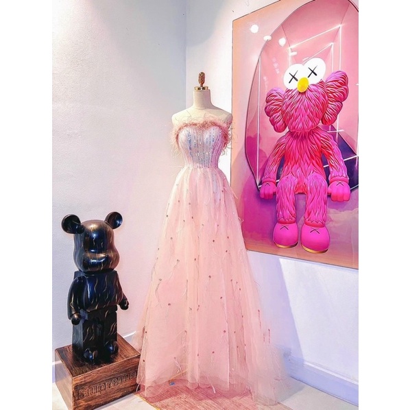 Đầm maxi cúp ngực lưới phối lông kết cườm TRIPBLE T DRESS - size M/L - MS386V