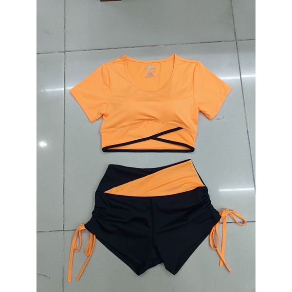 Set bộ đồ tập áo croptop vạt chéo quần đùi rút dây cạp V phối màu tập gym,yoga,nhảy Zumba, aerobic,đi bơi đi biển nữ