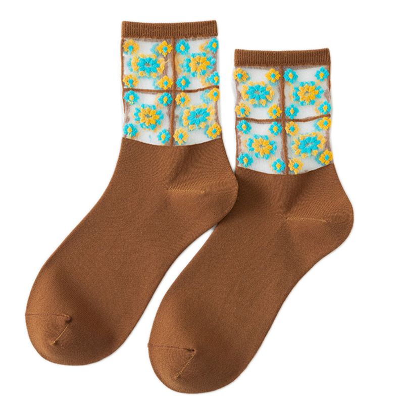 Youyo Vớ Lưới Jacquard Siêu Mỏng Xuyên Thấu Ghép Vải Hoa Cúc Dài Tới Mắt Cá Chân Phong Cách Hàn Quốc Cho Nữ