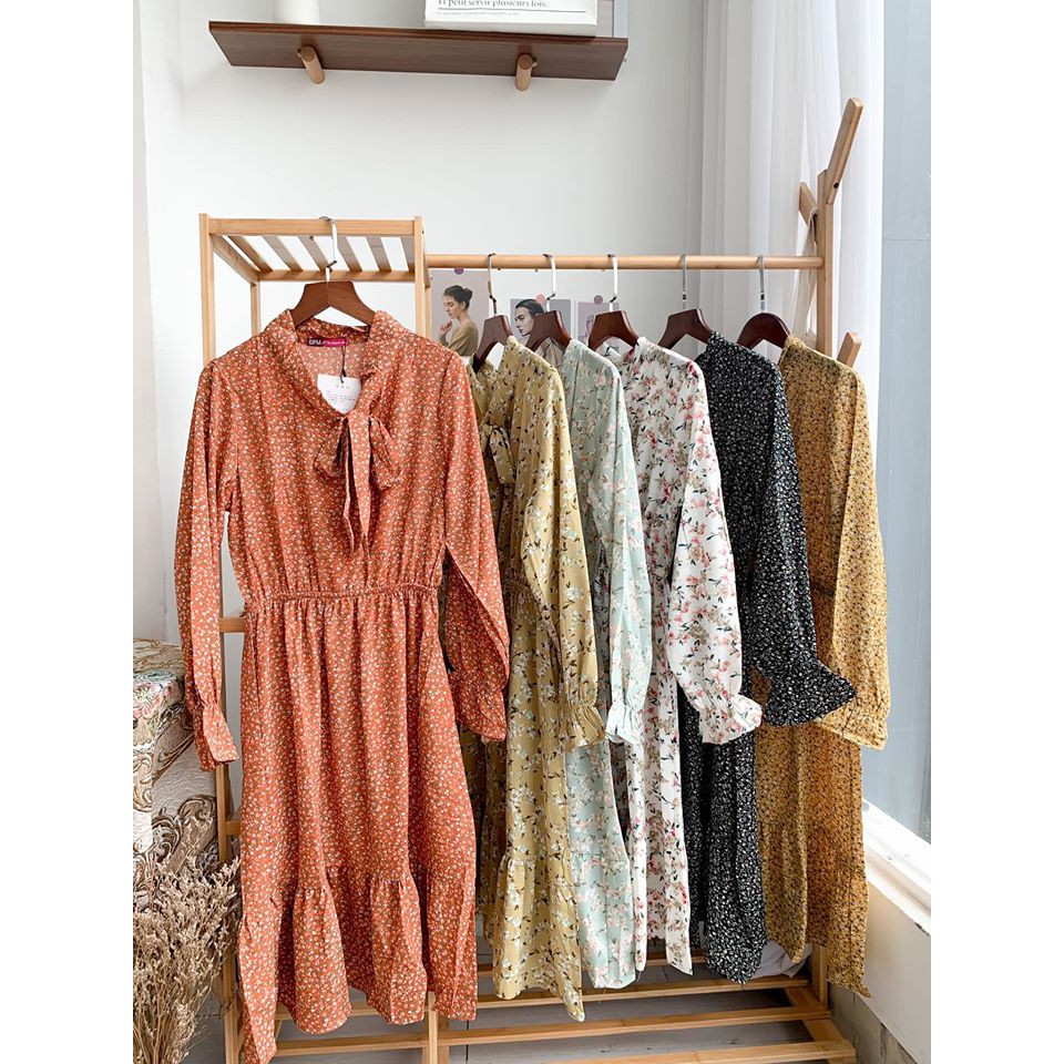 Váy hoa nhí dài tay thắt nơ - Váy vintage - Đầm thu đông - Xưởng May Hạnh Hồng | BigBuy360 - bigbuy360.vn