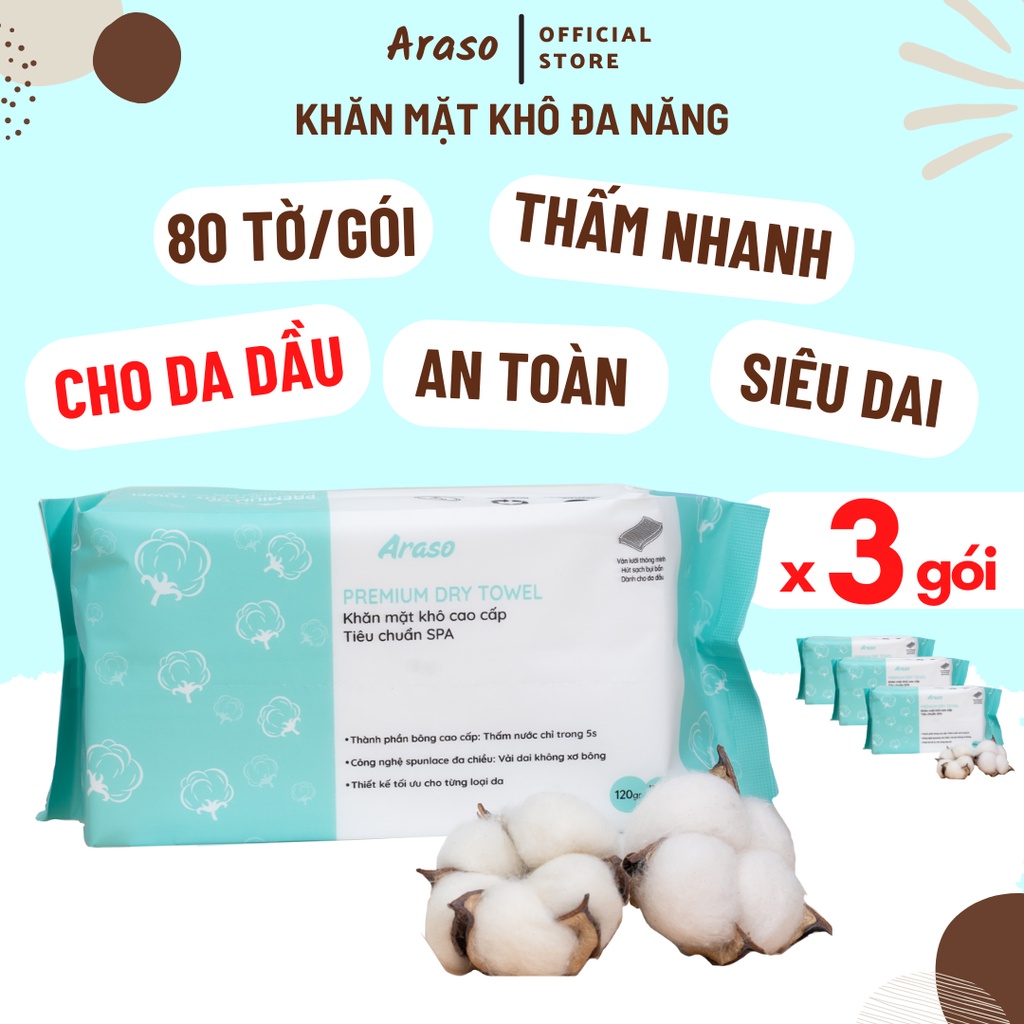 Combo 3 gói khăn mặt đa năng dùng một lần ARASO dùng lau khô, lau ướt, tẩy trang, 100% cotton dùng cho da dầu