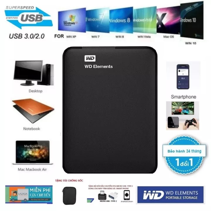 Box HDD Di Động Western My PASSPORT 1Tb 2.5 USB 3.0 - WD 500Gb - Bảo Hành 24 Tháng