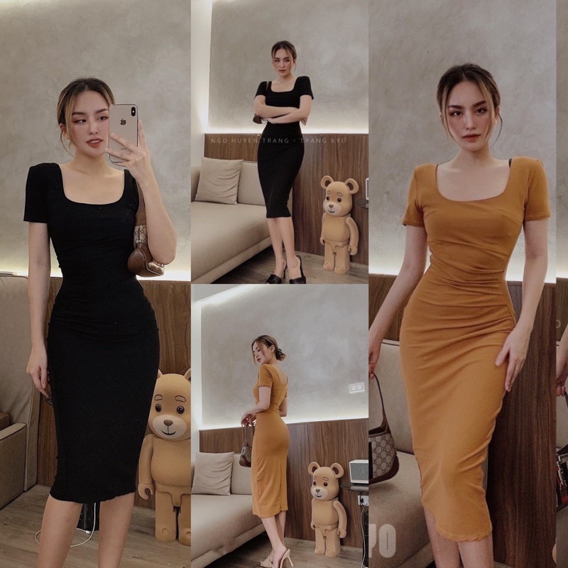 Đầm body cổ vuông xếp ly eo