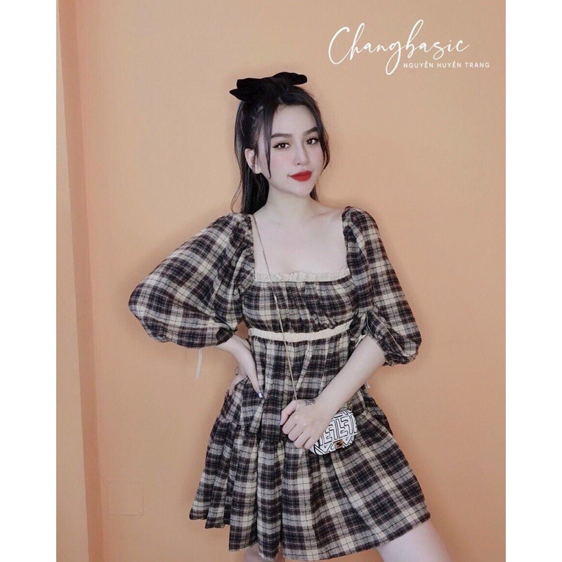 🛑FREE SHIP🛑Đầm Caro Cổ Vuông Tay Buộc Nơ Siêu Dễ Thương