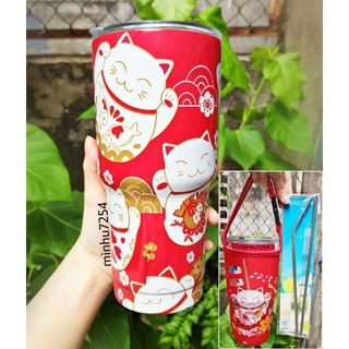 Bộ ly giữ nhiệt mèo may mắn maneki neko 900ml