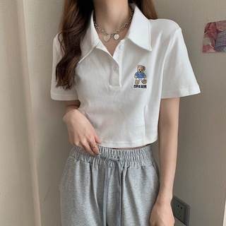Áo croptop cổ polo ngắn tay trắng thêu gấu chất thun freesize dưới 55kg cho nữ