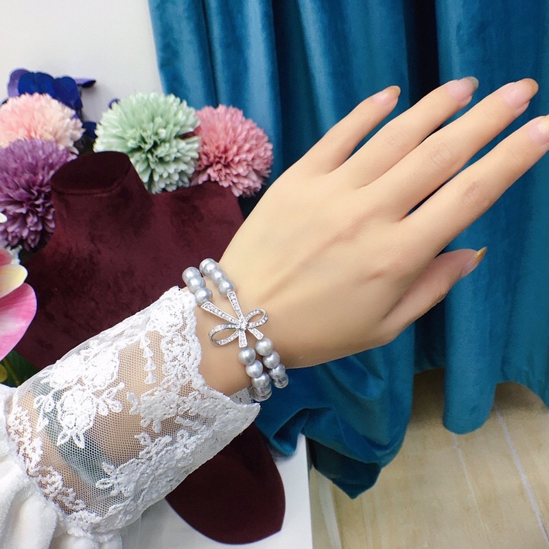 Vòng Tay Ngọc Trai Hạt Màu Xám Khóa Nơ Bạc - NT25 - Ngọc Trai Trường Thịnh