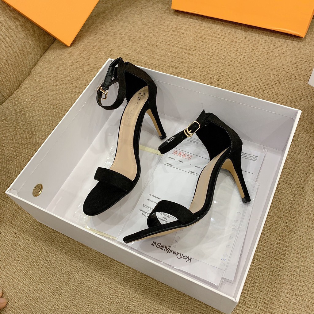 Sandal quai mảnh da lộn bít gót gót đũa - 7P