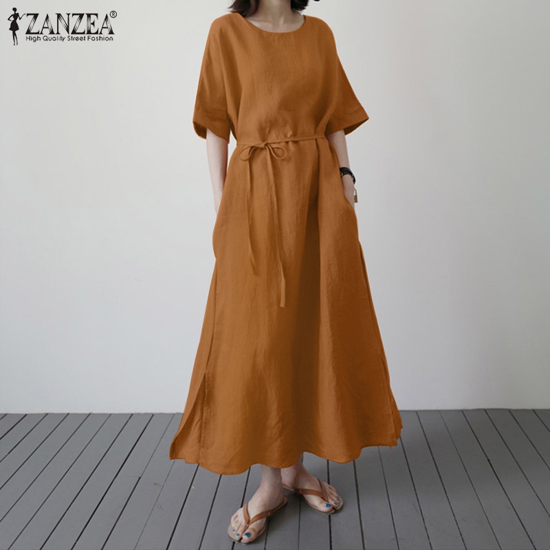 Đầm dài Zanzea dáng rộng cổ tròn tay lỡ màu trơn với thắt lưng thời trang cho nữ