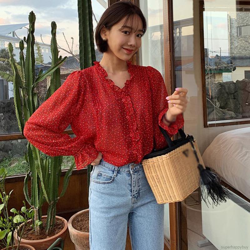 Áo Kiểu Chiffon In Hoa Tay Phồng Thanh Lịch Phong Cách Hàn Quốc