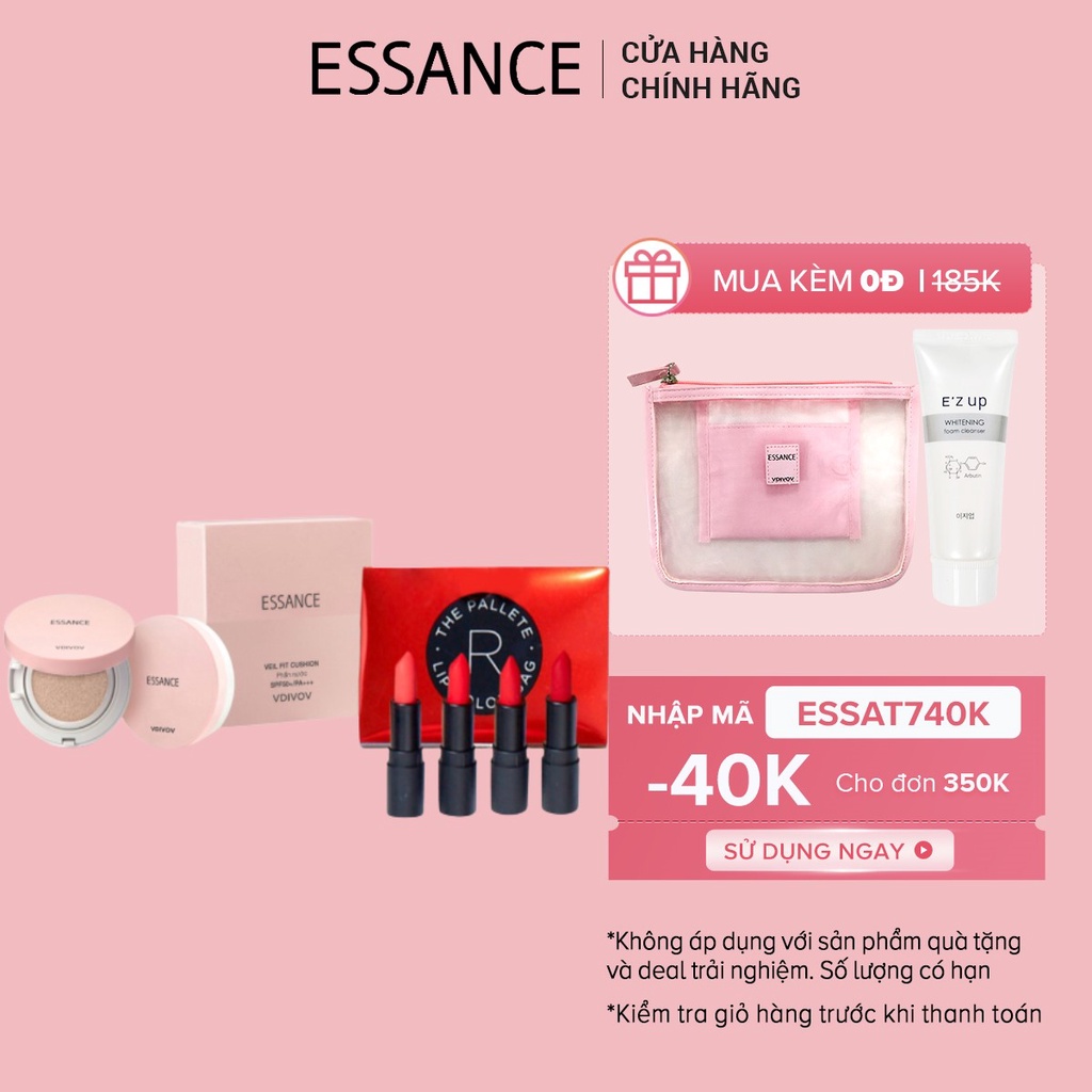 Combo Phấn nước mịn lì mờ khuyết điểm Essance Cushion 15g và Bộ 4 màu son lì dưỡng ẩm Semi Matte Lip Color Bag (4x1.3g)