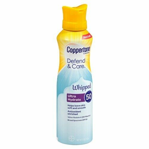 Bình xịt chống nắng dạng kem bọt Coppertone Defend &amp; Care Ultra Hydrate Whipped Sunscreen Lotion SPF 50 142g (Mỹ)