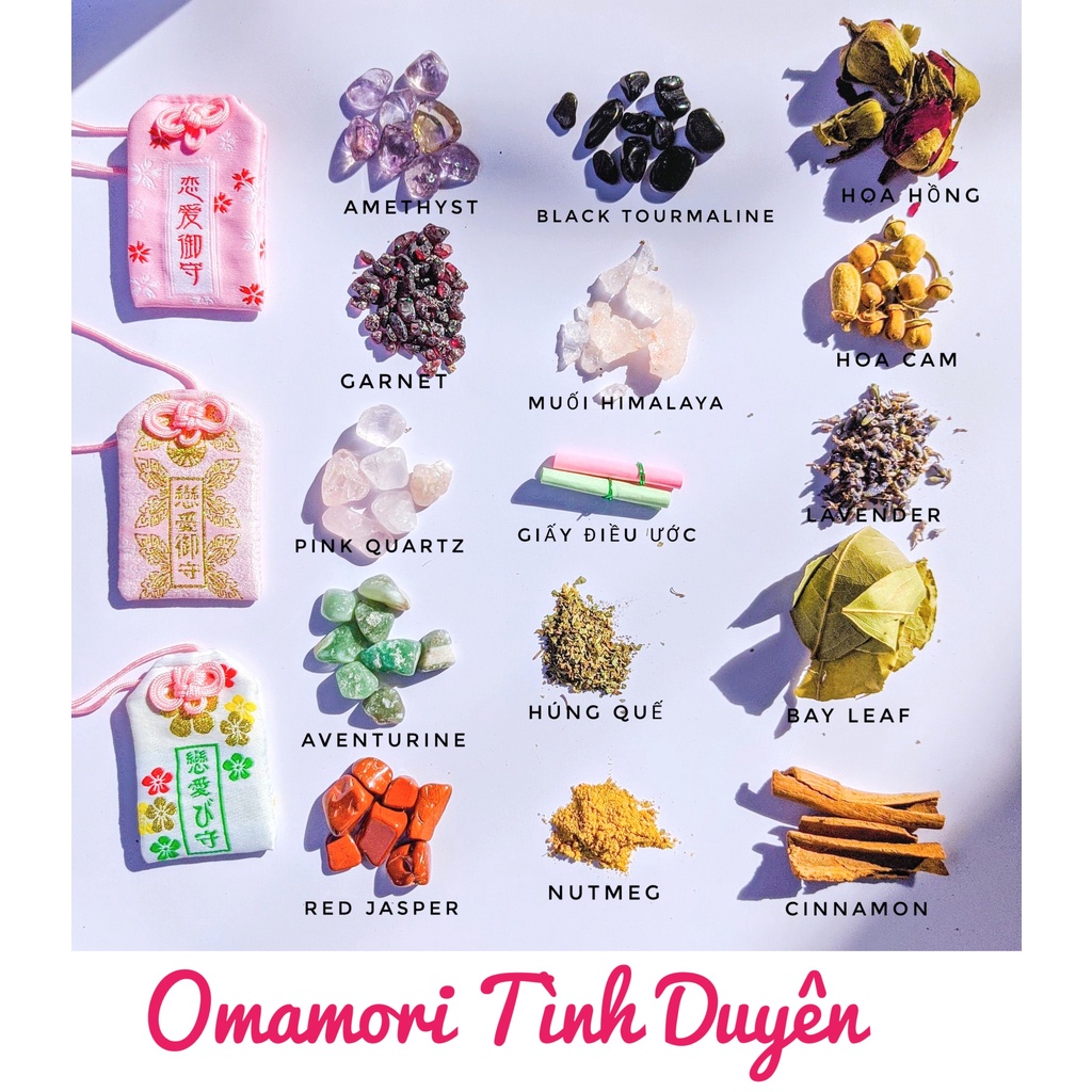 Túi Phước Omamori Tình yêu Mix Đá, Thảo Mộc, Muối Hồng Himalaya
