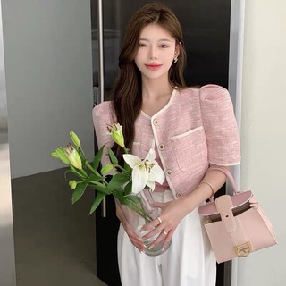 Áo khoác blazer lửng bo viền Hồng pastel-ORDER