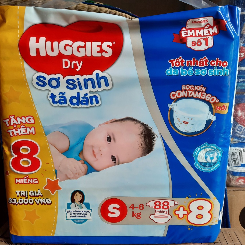 Bĩm dán Huggies siêu thấm sơ sinh tặng kèm thêm 8 miếng,tã dán huggies s56 s88 miếng cho bé 4-8kg