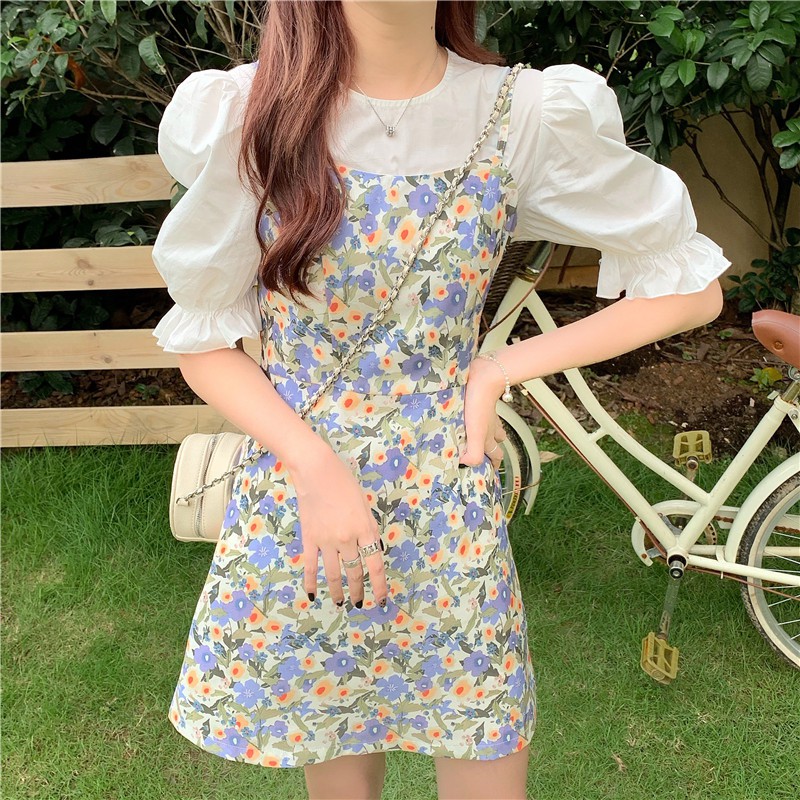 Xiaozhainv Áo tay phồng / Đầm Hoa Phong Cách Hàn Quốc Xinh Xắn Cho Nữ