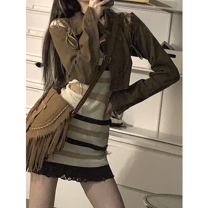 Porozi Áo khoác kaki tay dài/ đầm dáng ôm kẻ sọc  thời trang Hàn Quốc dành cho nữ