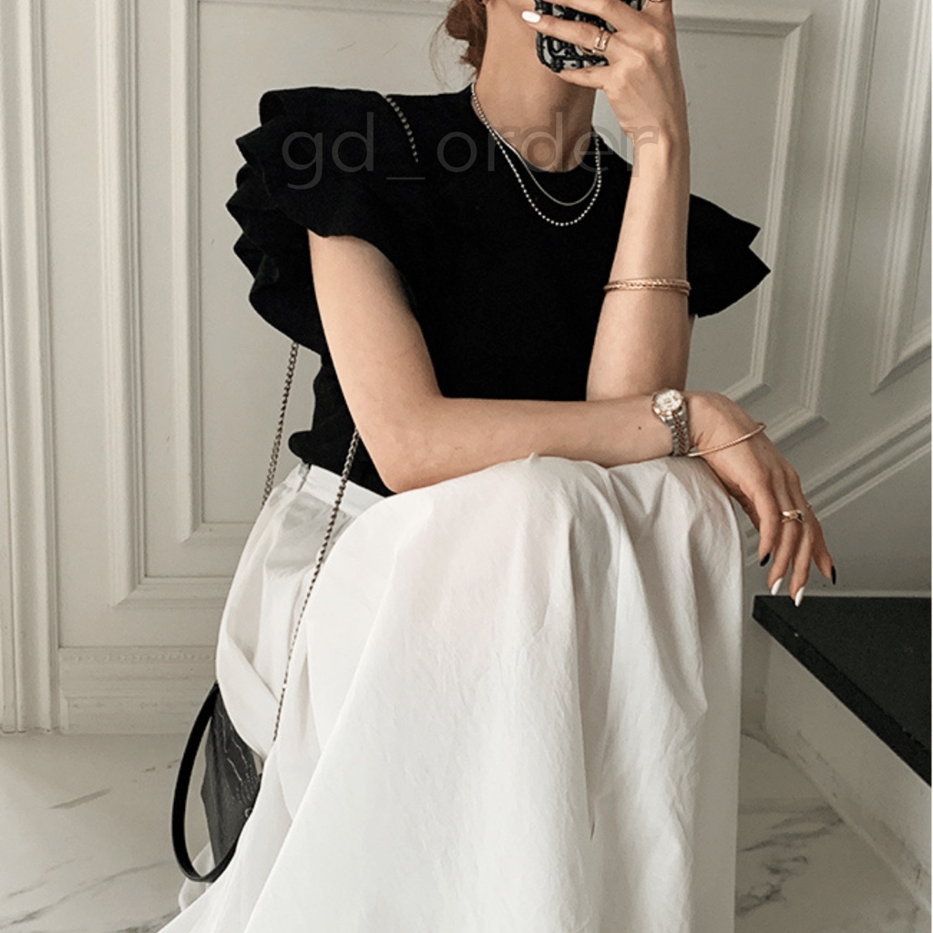 A28|Áo thun công sở đẹp cổ tròn tay hai lớp lá sen sang trọng hàn quốc màu trắng, đen gd_order