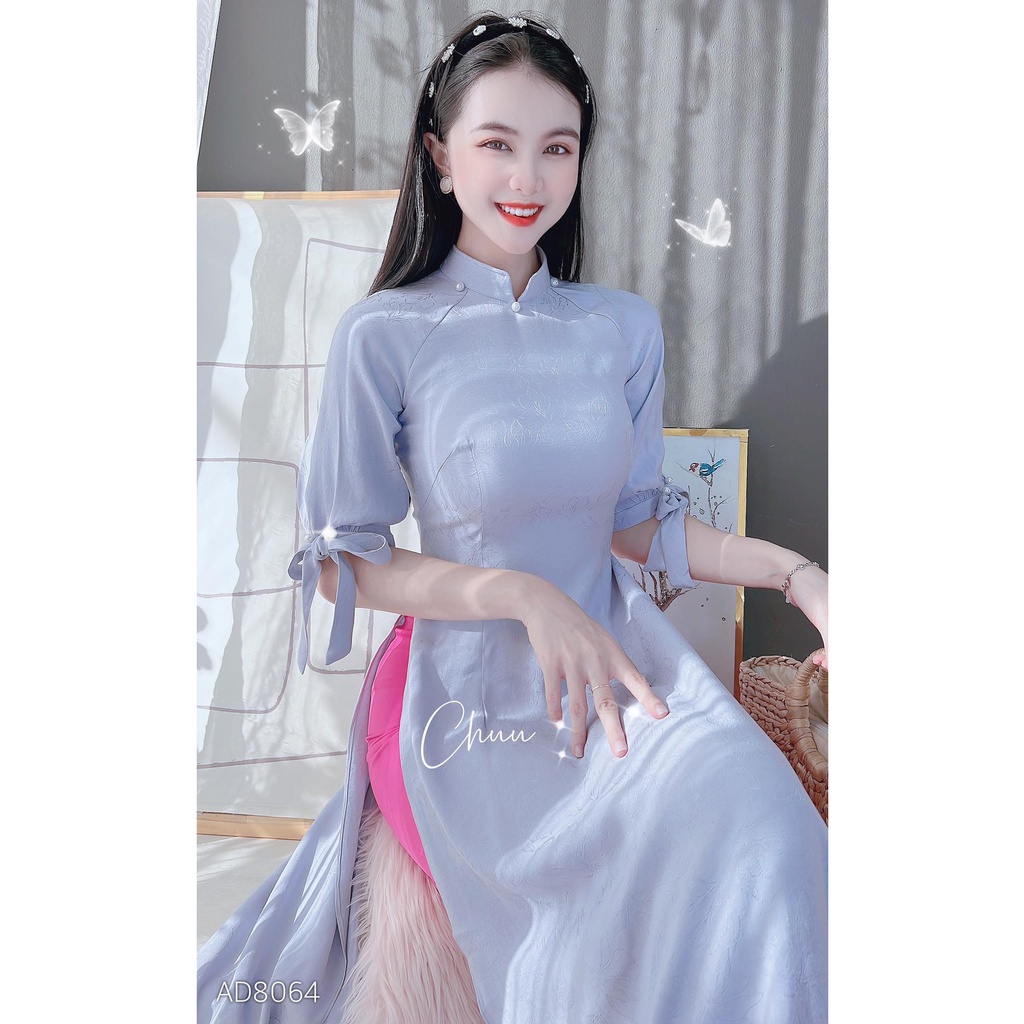 Áo dài cách tân in gấm nữ kiểu tay nơ xinh xắn CHUU AD8064 - không kèm quần