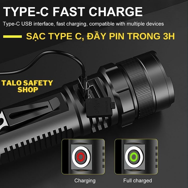 Đèn pin chip led XHP70 mã 01 siêu sáng cầm tay dùng pin26650 sạc typeC